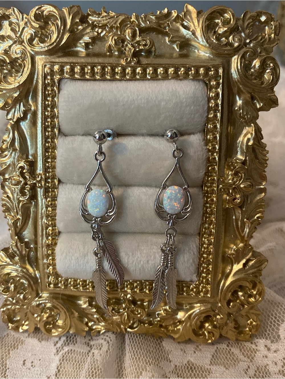 Opal Teardrop Feather Dangle Earrings - Silver